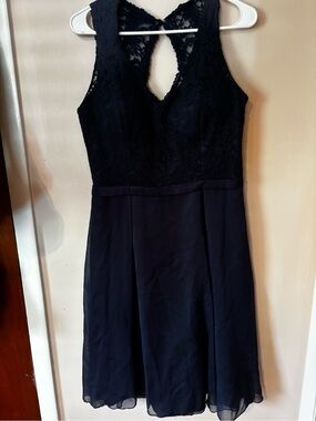 Belsoie Navy Chiffon Lace Gown Short Cocktail Dress keyhole Size 14